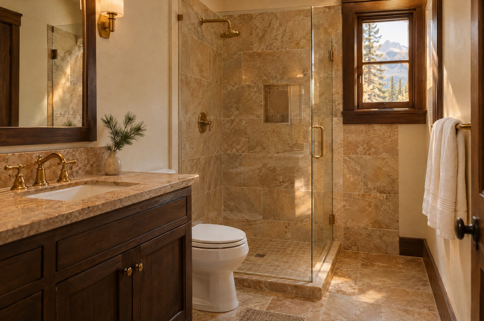 A clean cabin bathroom with polished brass fixtures and a spotless glass shower