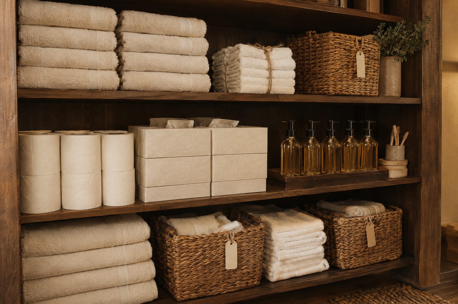 A neatly stocked cabin shelf of folded linens, paper goods and refill bottles
