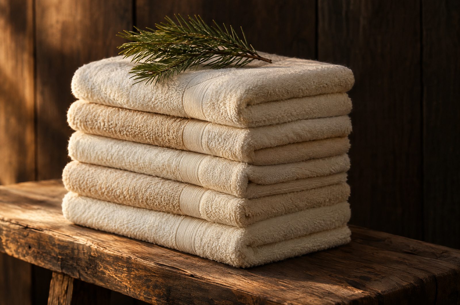A squared stack of folded cream towels with a pine sprig